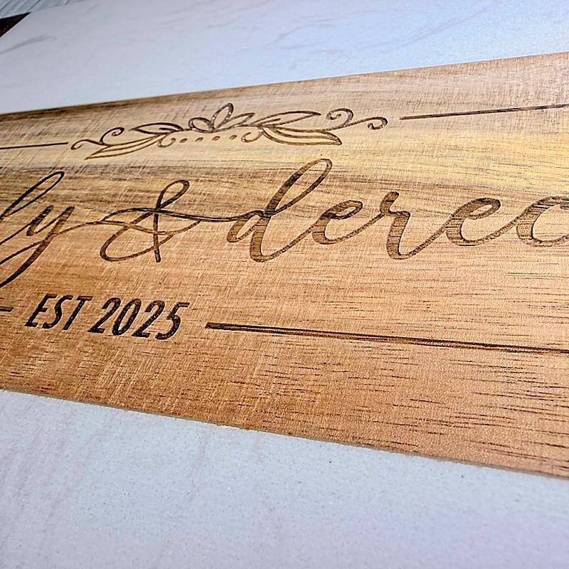 Personalization detail on Marble & Wood Charcuterie Board & Serving Set