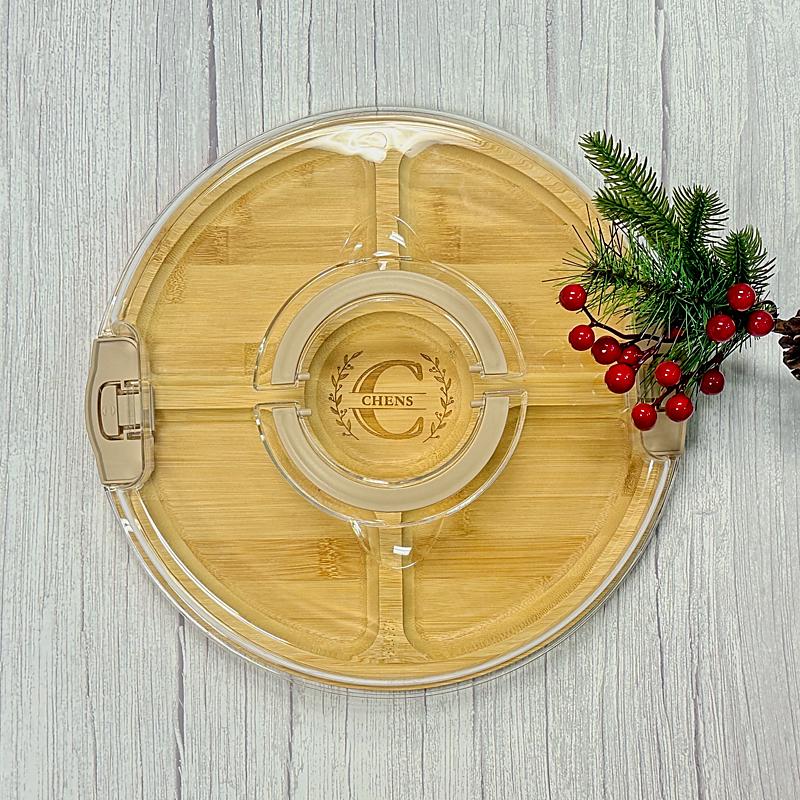 Personalization detail on Personalized Round Bamboo Charcuterie Board