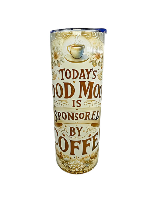 Tumbler with coffee-themed design and text on a white background