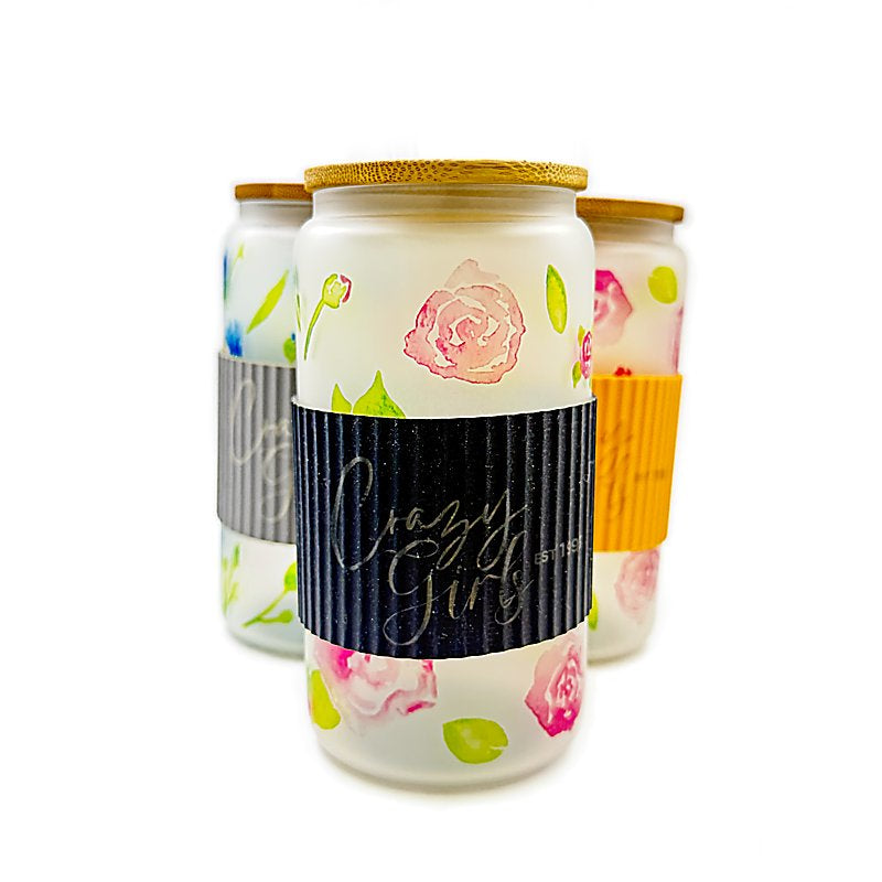Frosted Glass Tumbler with Bamboo Lid and Grip Band