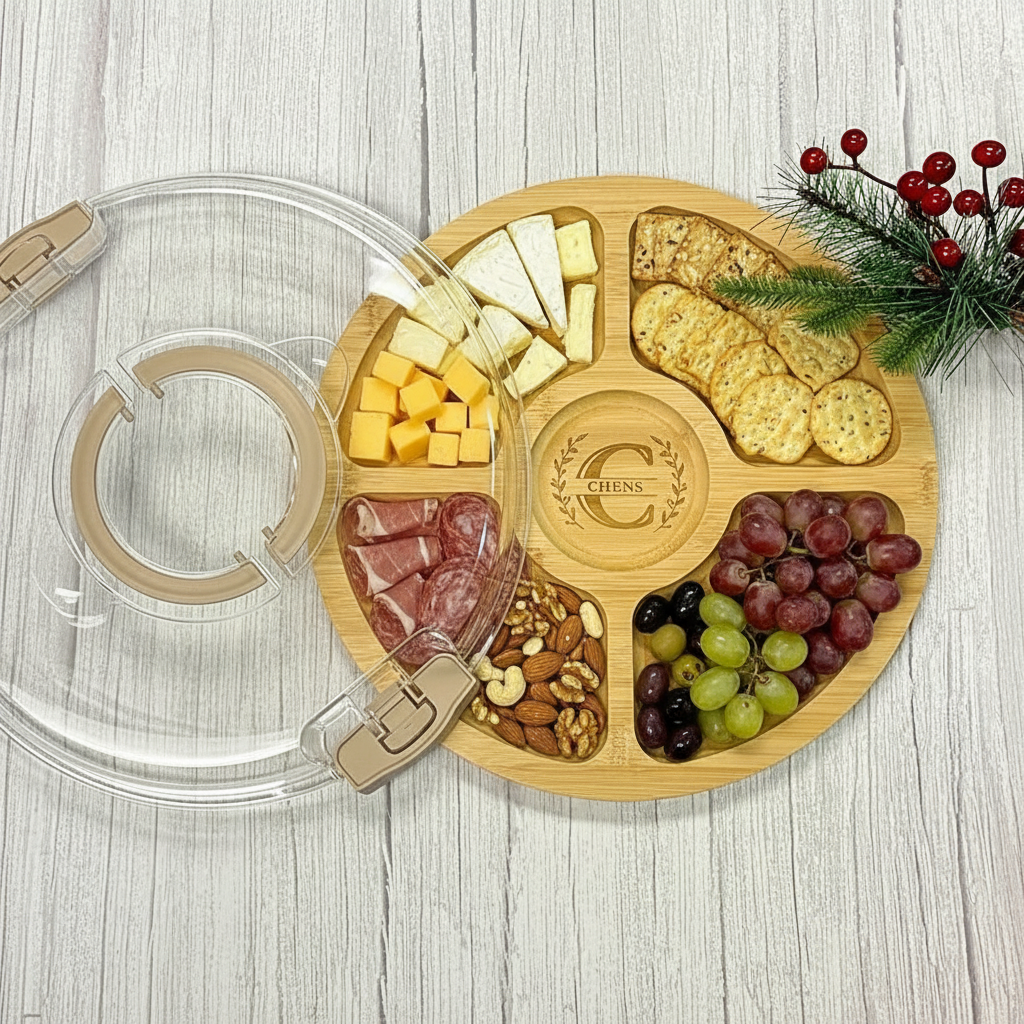 Round Bamboo Charcuterie Board with Locking Lid