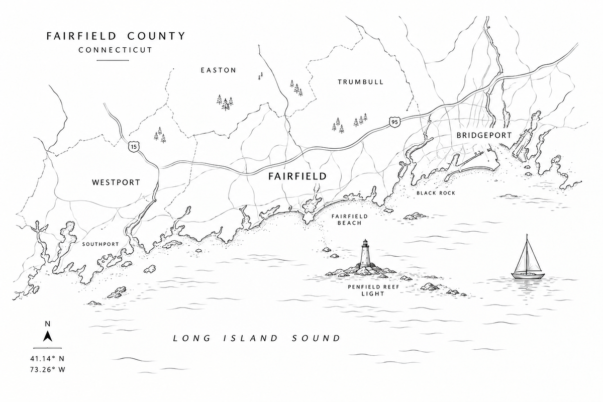 Illustrated map of Connecticut and the Fairfield County shoreline.