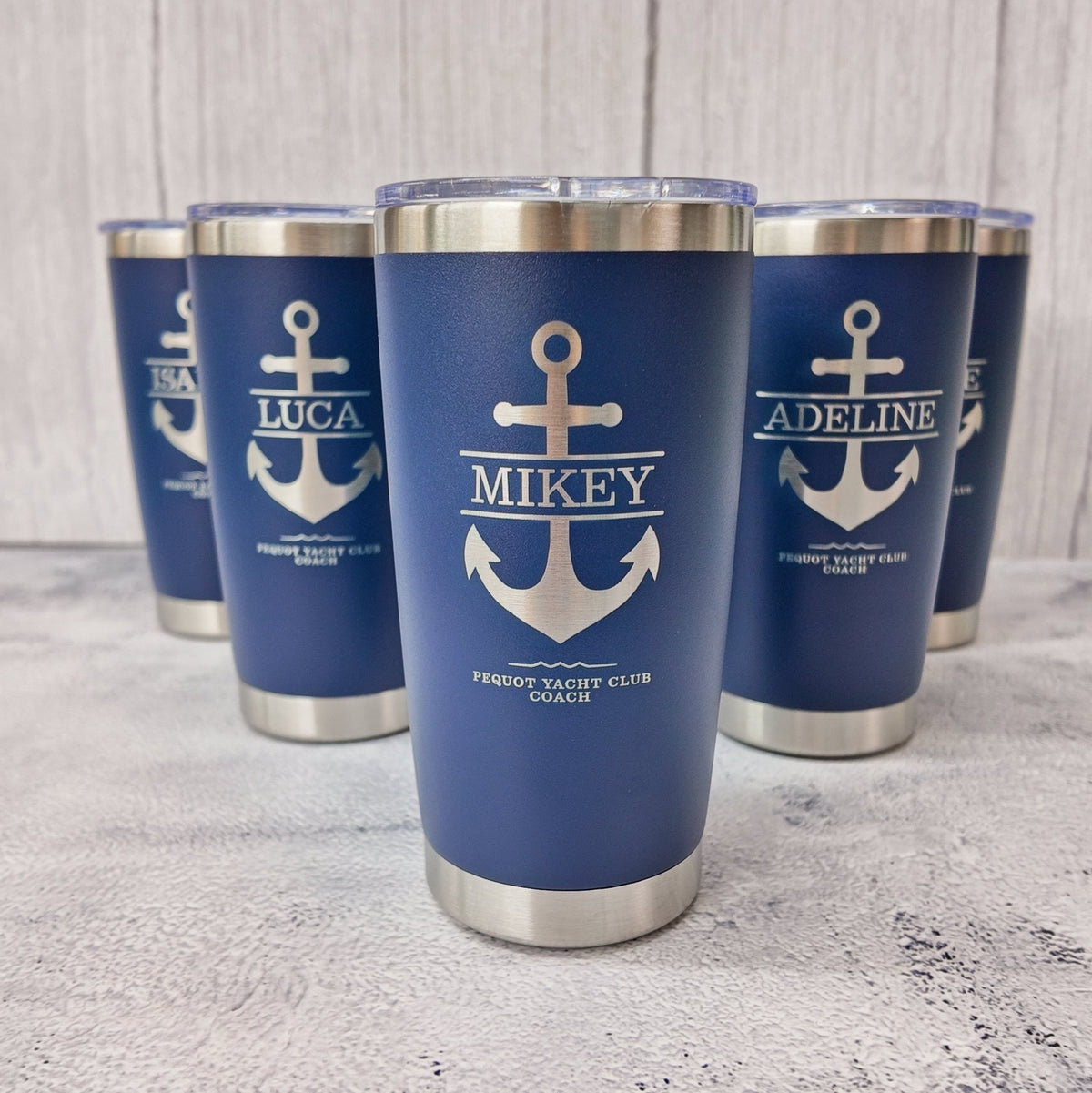 Individually personalized Pequot Yacht Club coach tumblers created by YJune Studio.
