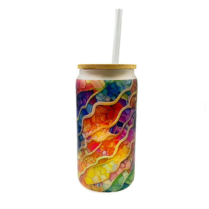 Frosted Glass Tumbler with Bamboo Lid and Grip Band