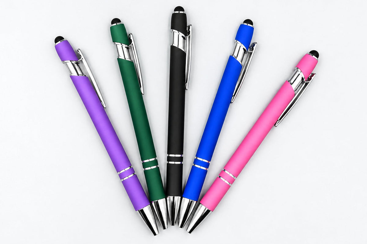 Colorful metal pens suitable for personalized live engraving.