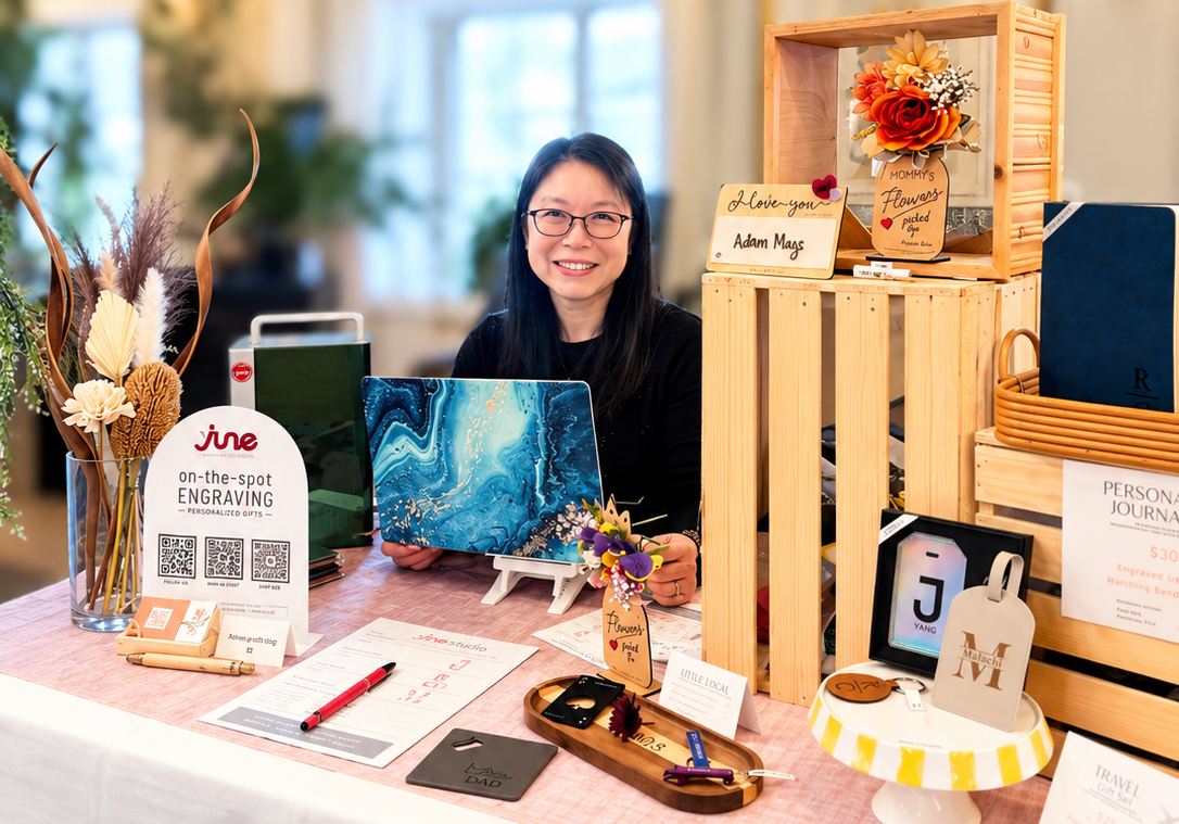 YJune Studio live personalization event setup with engraved gifts and display.